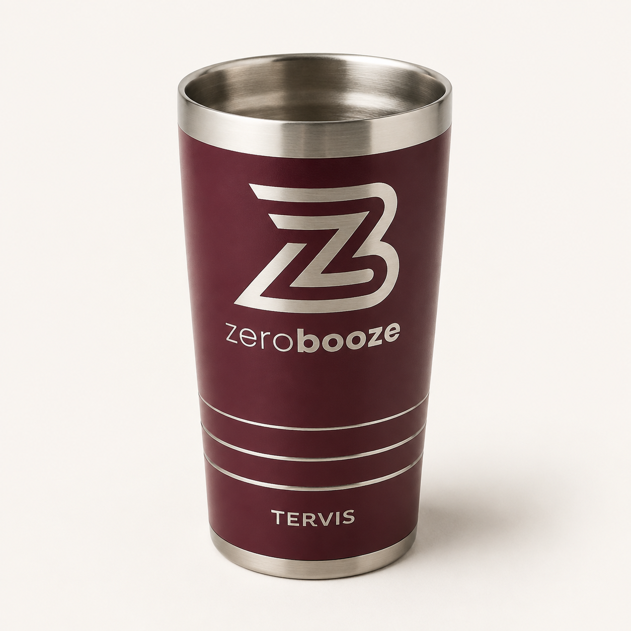 Burgundy Zero Booze stainless tumbler with the ZB mark