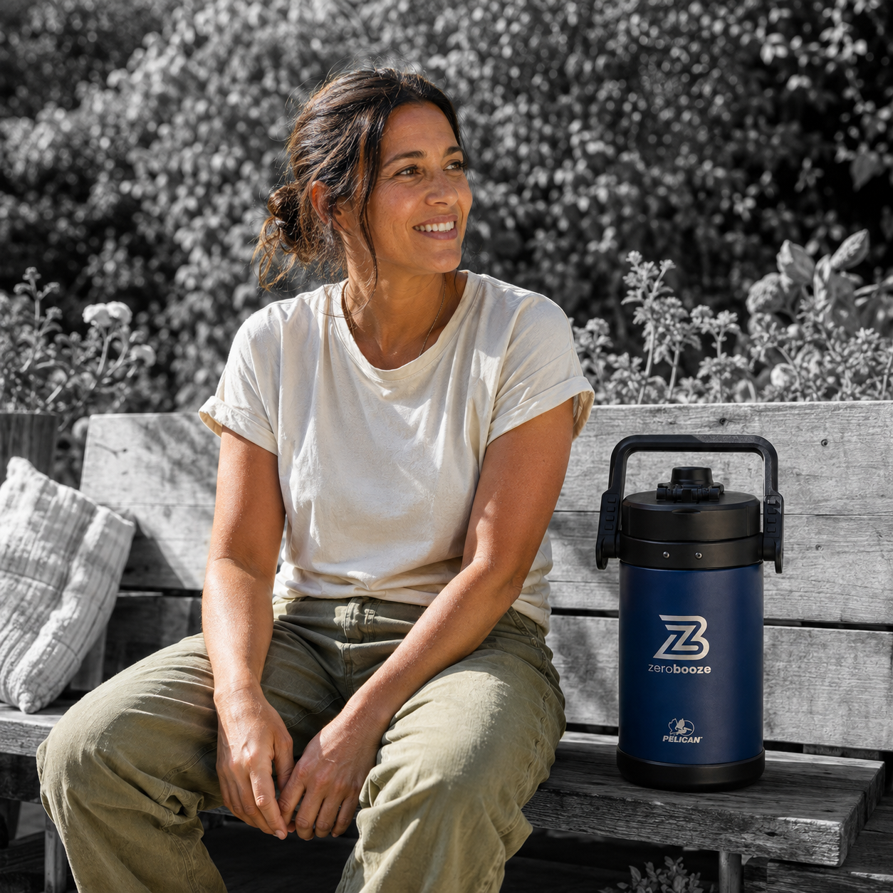 Woman sitting on a garden bench beside the navy Zero Booze jug
