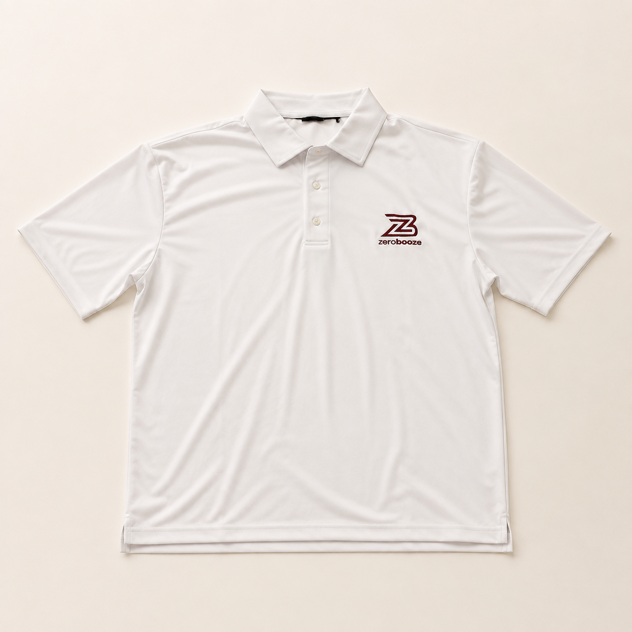 White Zero Booze short-sleeve polo with burgundy ZB embroidery at the chest