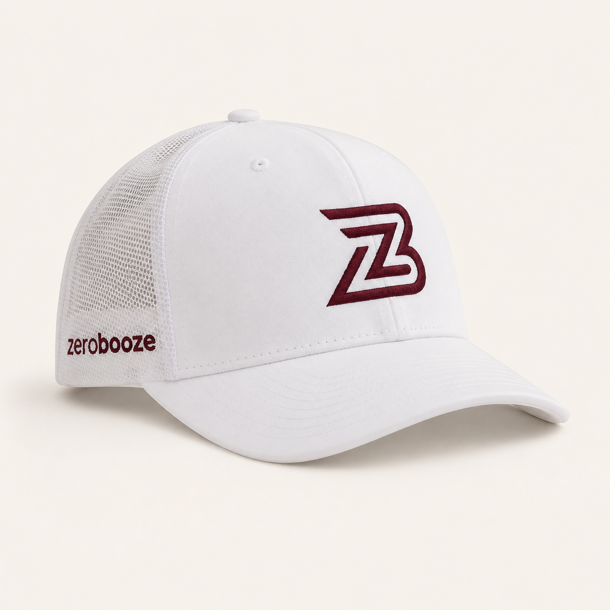 White Zero Booze mesh-back hat with the burgundy ZB mark