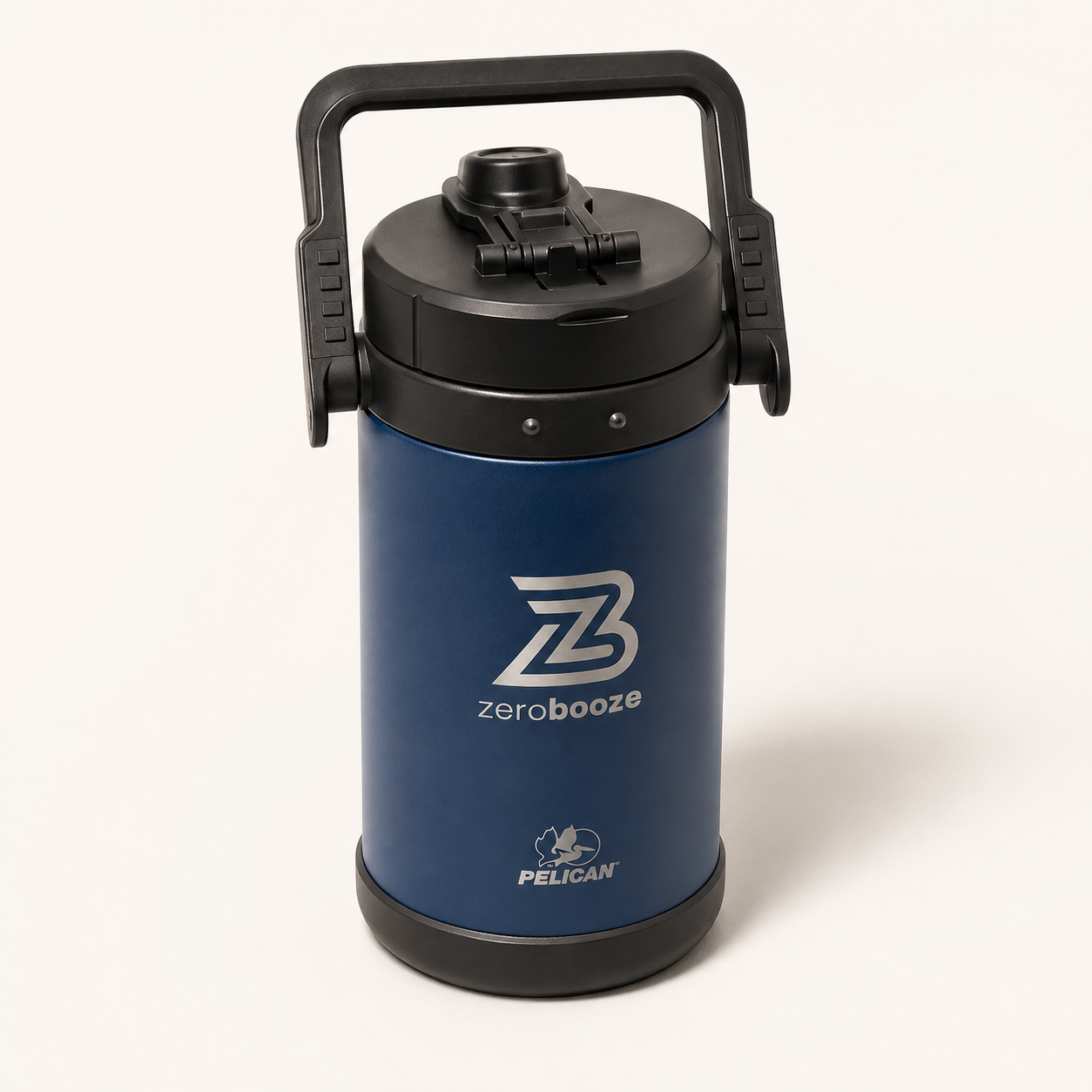 Navy Zero Booze jug with a black lid and carry handle on a warm-white background